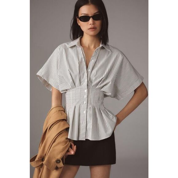 Anthropologie Tops - Anthropologie White and Black Pinstripe Button-Front Blouse